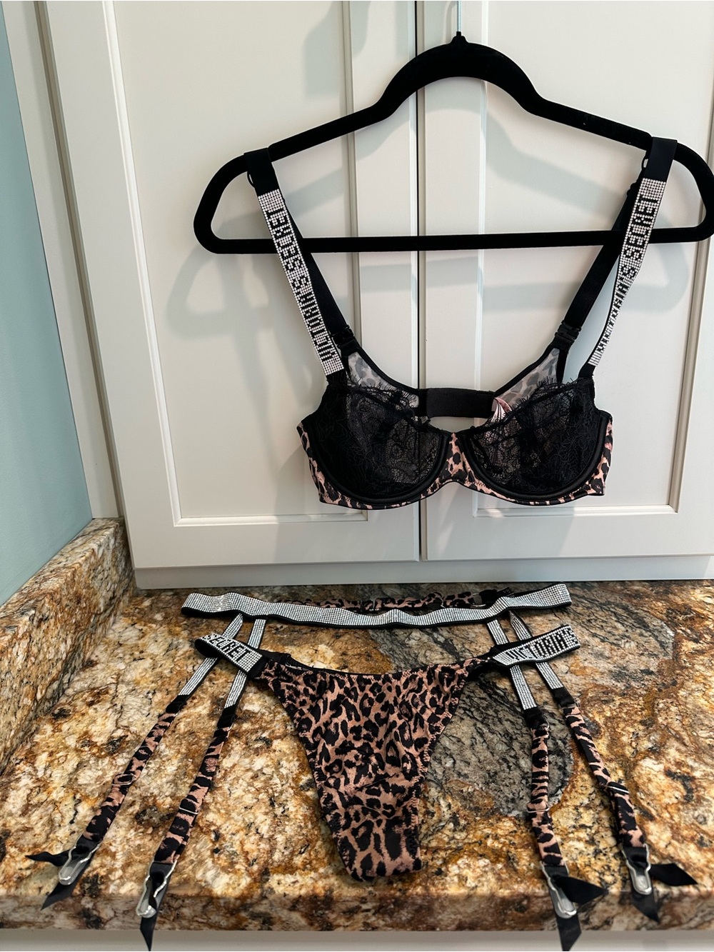 Victoria's Secret Black & Brown Leopard Lace Bra with Garter Thong Set